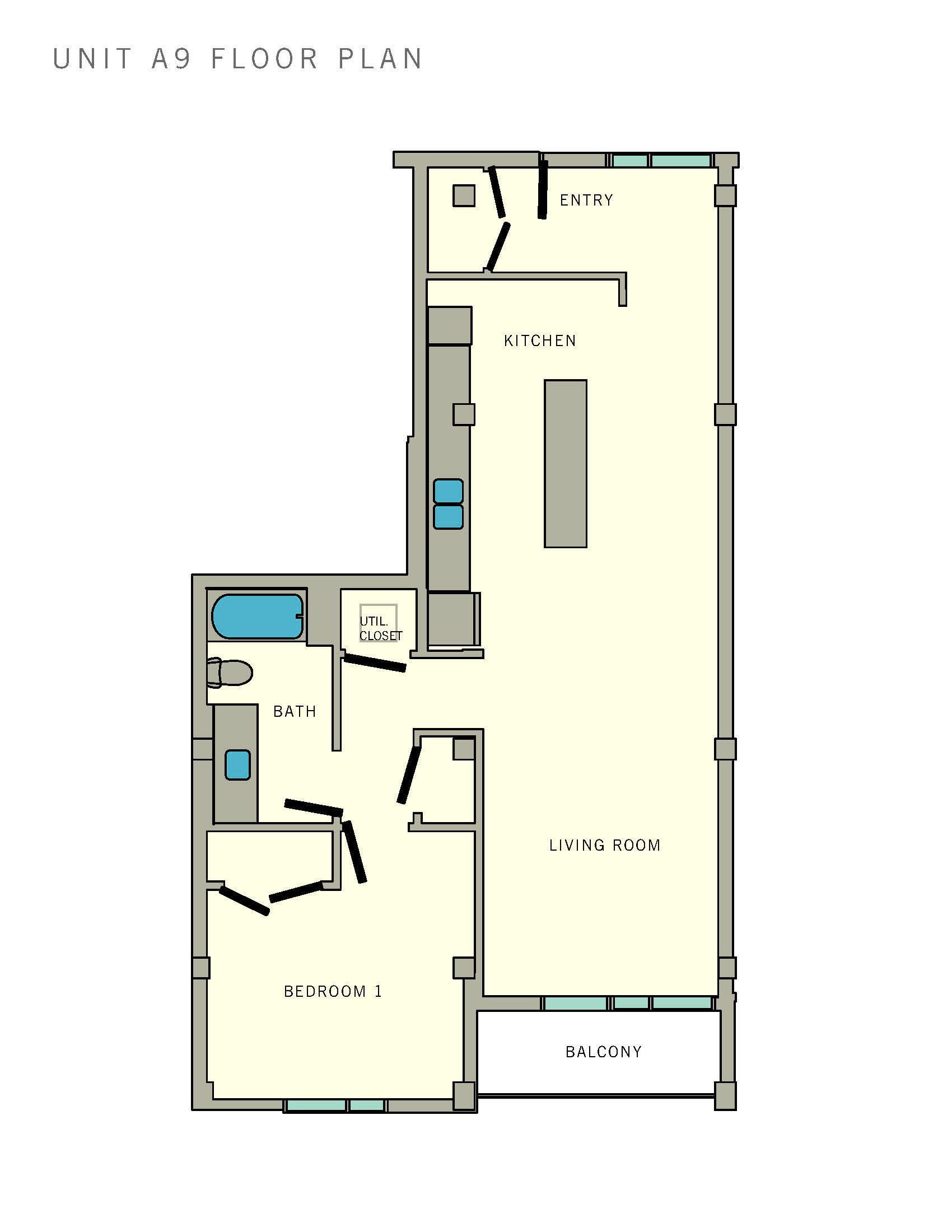 Floor plan for 1 bed, 1 bath, 857 sqft